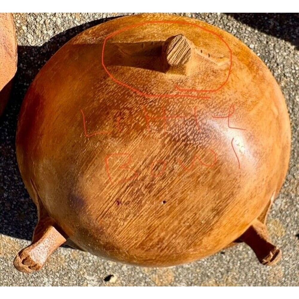 Vintage Monkey Pod Wood Salad Bowl Set Hand Carved Triple Feet Water Buffalo - Picture 8 of 10